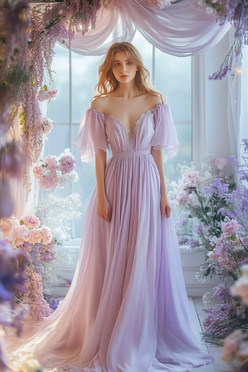 A chic woman in a pastel lavender A-line gown with flutter sleeves and a flowing chiffon overlay, standing near a softly lit floral wedding arch indoors