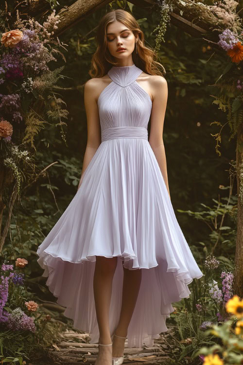 A chic woman in a pastel lavender knee-length cocktail dress with a halter neckline, a fitted bodice, and a layered pleated skirt