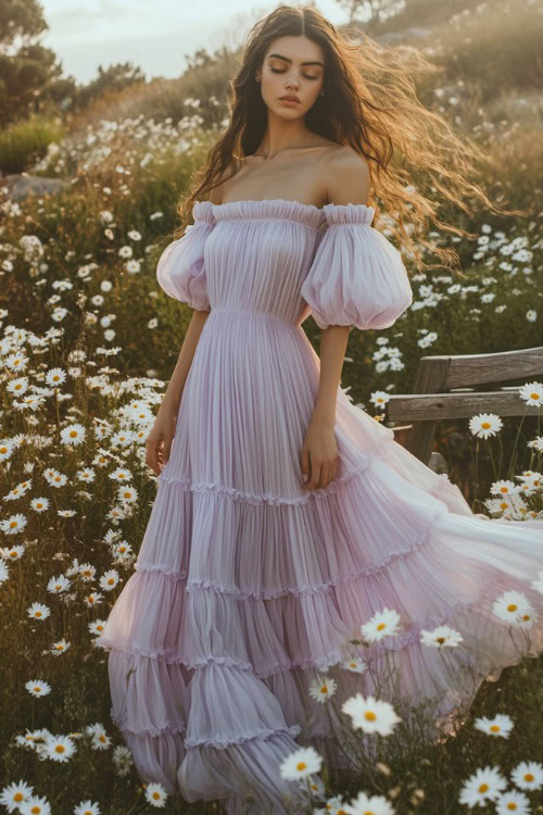 A chic woman in a pastel lavender maxi dress with a pleated skirt, a square neckline, and balloon sleeves, standing near an outdoor wedding bench surrounded by daisies