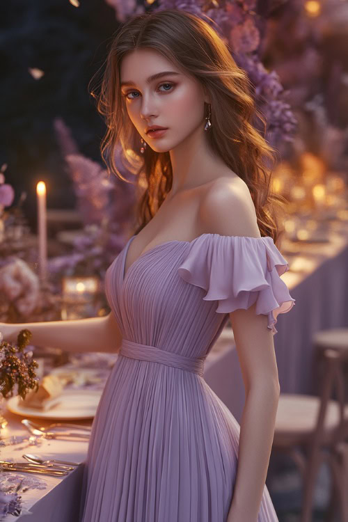 A chic woman in a pastel lavender midi dress with flutter sleeves, a sweetheart neckline, and pleated detailing