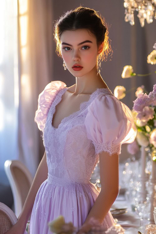 A chic woman in a pastel lavender tea-length dress with puff sleeves and an empire waist, standing near a softly lit floral wedding reception table