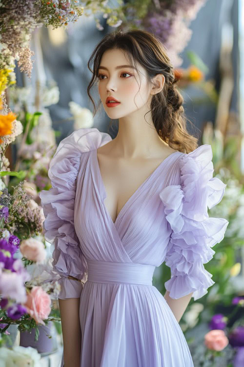 A chic woman in a pastel lavender wrap dress with ruffled sleeves and a cinched waist, standing near a spring wedding setup adorned with colorful flowers