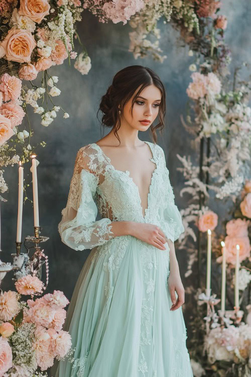 A chic woman in a pastel mint green empire-waist gown with flutter sleeves, a flowing chiffon overlay, and lace detailing