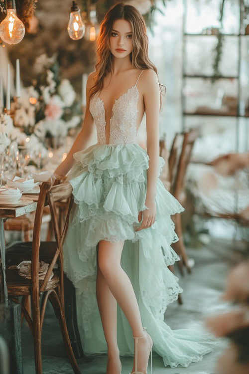 A chic woman in a pastel mint green knee-length dress with lace detailing, a sweetheart neckline, and a tiered ruffled hem, standing near a softly glowing floral wedding reception table