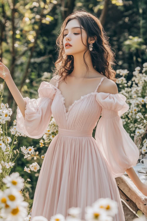 A chic woman in a pastel pink midi dress with puff sleeves, a gathered bodice, and a flowy tulip hemline, standing near a rustic floral wedding table surrounded by daisies (2)