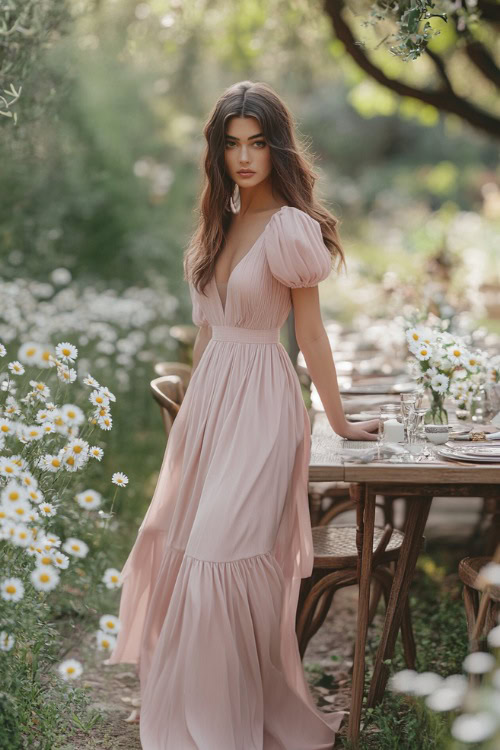 A chic woman in a pastel pink midi dress with puff sleeves, a gathered bodice, and a flowy tulip hemline, standing near a rustic floral wedding table surrounded by daisies