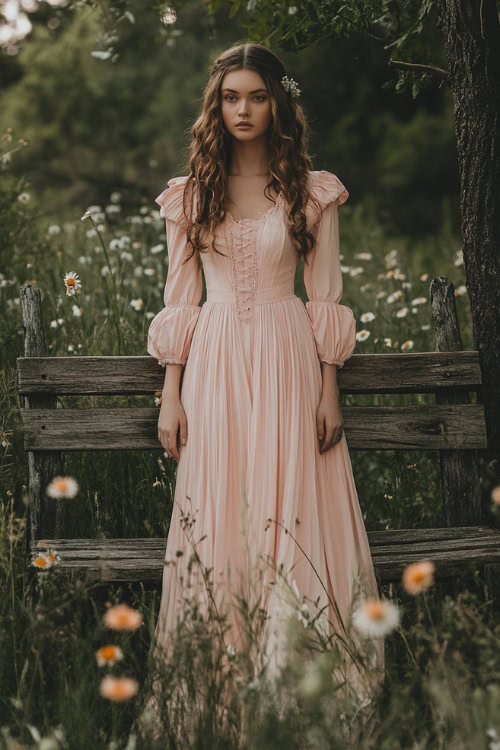 A chic woman in a pastel pink tea-length dress with puff sleeves, a fitted bodice, and subtle pleats, standing near a rustic wedding bench surrounded by wildflowers