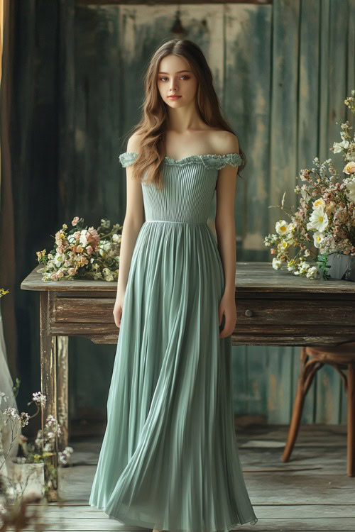 A chic woman in a sage green tea-length dress with a boat neckline and pleated skirt, standing near a rustic wooden wedding table decorated with spring flowers