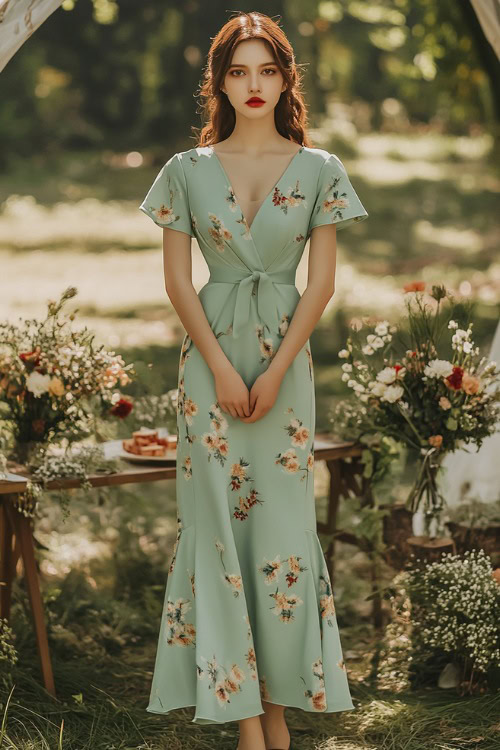 A chic woman in a sage green wrap midi dress with short sleeves, a tulip hemline, and floral prints, posing near a minimalist wedding setup surrounded by greenery