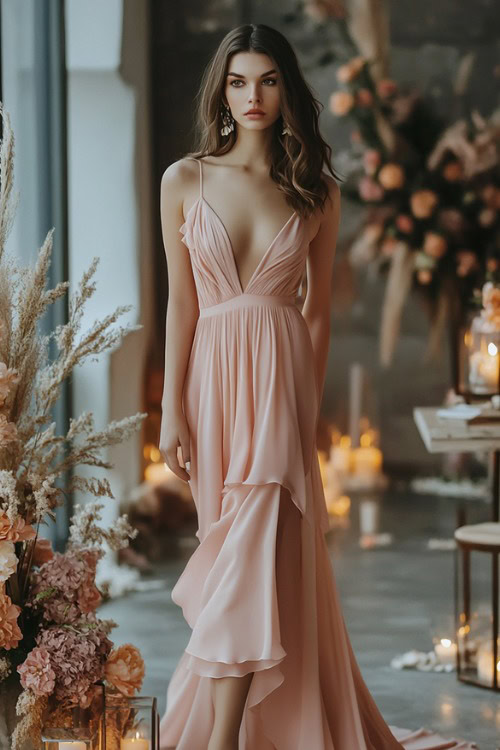 A chic woman in a soft blush pink sleeveless high-low dress with a ruffle neckline and a cinched waist, standing near a candlelit floral wedding reception area