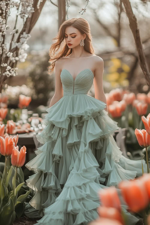 A chic woman in a soft mint green A-line gown with a sweetheart neckline and tiered ruffles, standing near an outdoor wedding reception surrounded by tulips