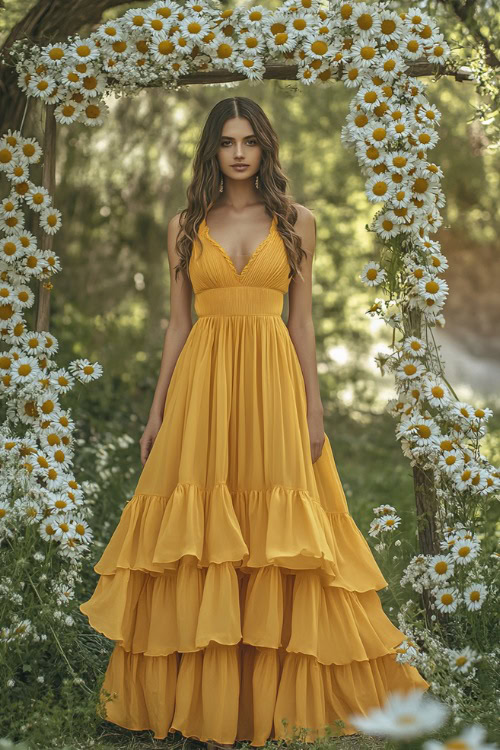 A chic woman in a sunflower yellow A-line maxi dress with a smocked bodice and tiered ruffles, standing near a garden wedding arch decorated with daisies