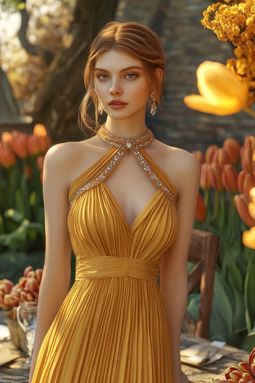 A chic woman in a sunflower yellow halter dress with a pleated skirt and subtle crystal embellishments, standing near a rustic wedding reception table decorated with tulips