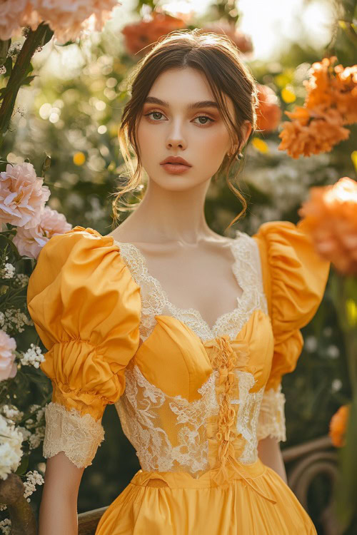 A chic woman in a sunflower yellow short A-line dress with puff sleeves, a gathered bodice, and lace accents