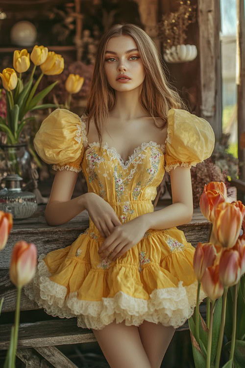 A chic woman in a sunflower yellow short bubble dress with puff sleeves, floral embroidery, and a gathered bodice, posing near a rustic wedding reception table surrounded by tulips