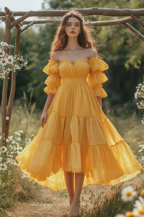 A chic woman in a sunflower yellow tea-length A-line dress with a smocked bodice, puff sleeves, and a layered hemline, standing near a rustic wedding arch decorated with daisies