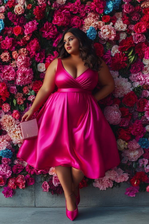 A chubby woman in a hot pink satin midi dress with a cinched waist, paired with heels and a matching clutch