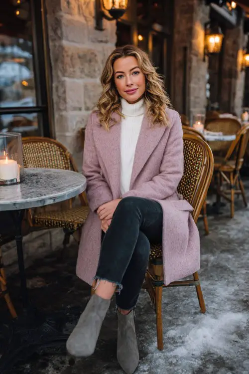 A classy woman wearing a soft pink wool coat layered over a white turtleneck sweater, with dark skinny jeans and gray suede ankle boots