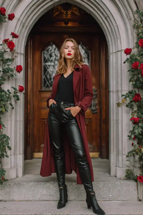 A confident woman standing at an ornate arched doorway surrounded by red roses, wearing a long burgundy trench coat over a black top and sleek black leather pants