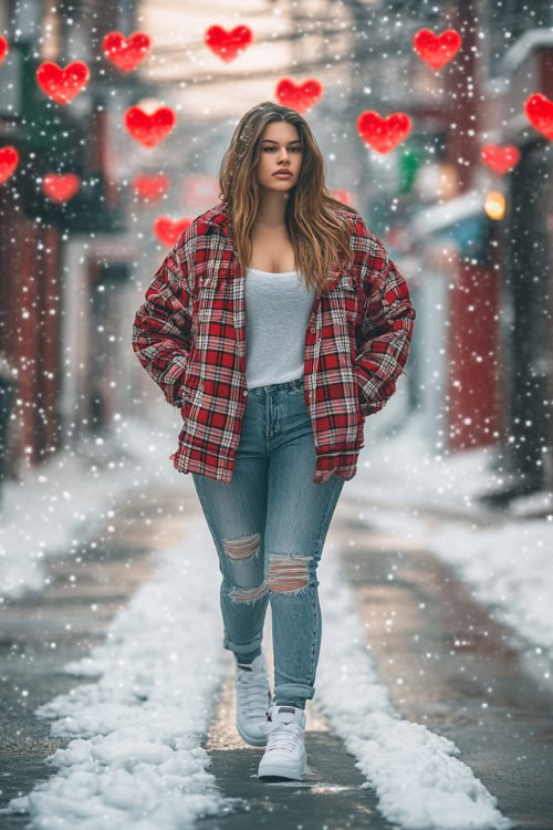 A curvy woman in a plaid shacket, light-wash boyfriend jeans, and white sneakers (2)