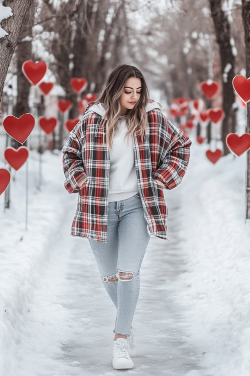 A curvy woman in a plaid shacket, light-wash boyfriend jeans, and white sneakers