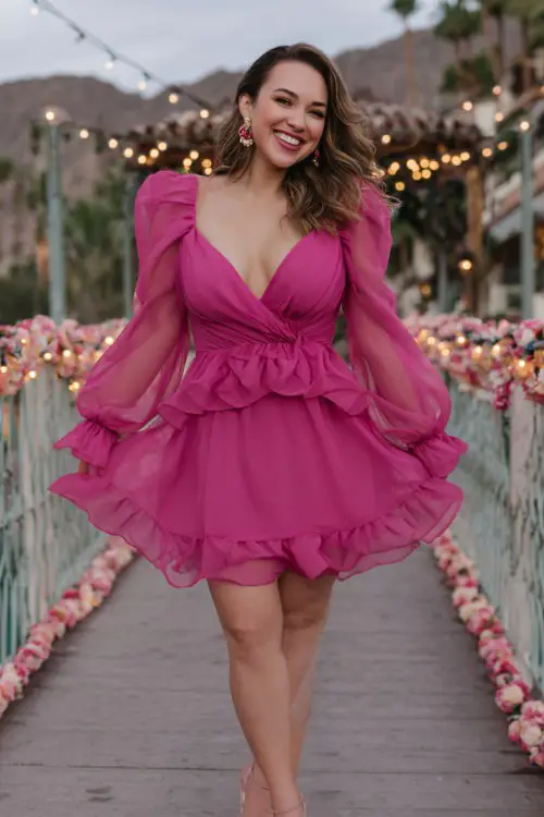 A curvy woman over 30 wears a flirty ruffled magenta dress with sheer balloon sleeves, heart-shaped earrings, and kitten heels