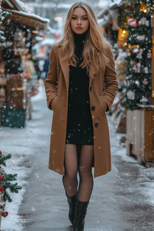 A curvy woman wearing a camel-colored wool coat over a black sweater dress, paired with sheer tights and knee-high boots