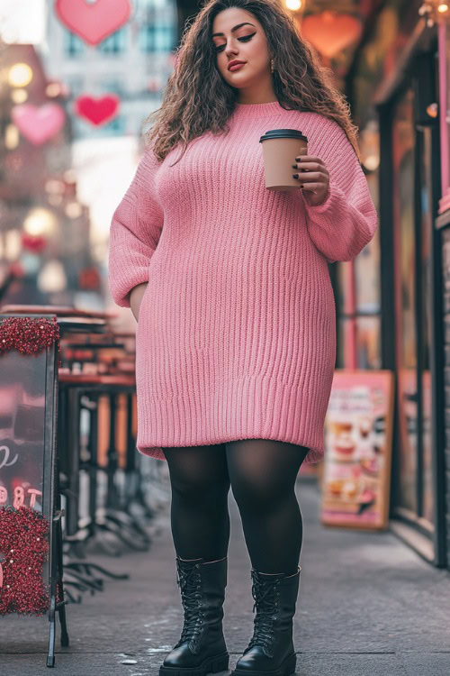 A curvy woman wearing a pink knit sweater dress, black tights, and chunky boots, holding a coffee cup near a Valentine’s-themed outdoor café