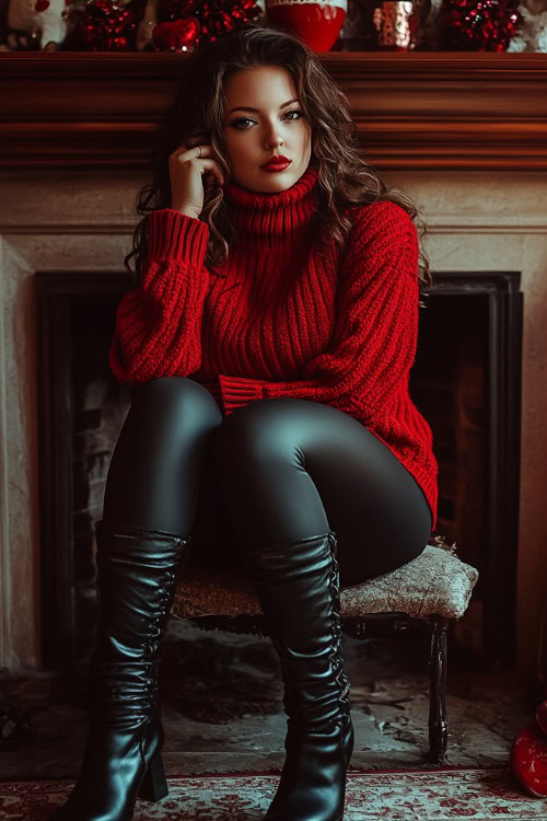 A curvy woman wearing a red oversized turtleneck sweater, black faux leather leggings, and knee-high boots