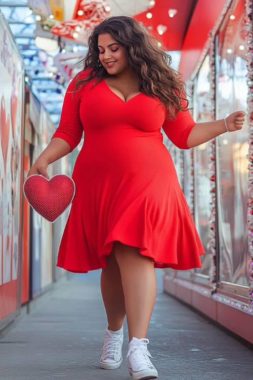 A curvy woman wearing a red skater dress with puffed sleeves, paired with white sneakers and a heart-shaped bag