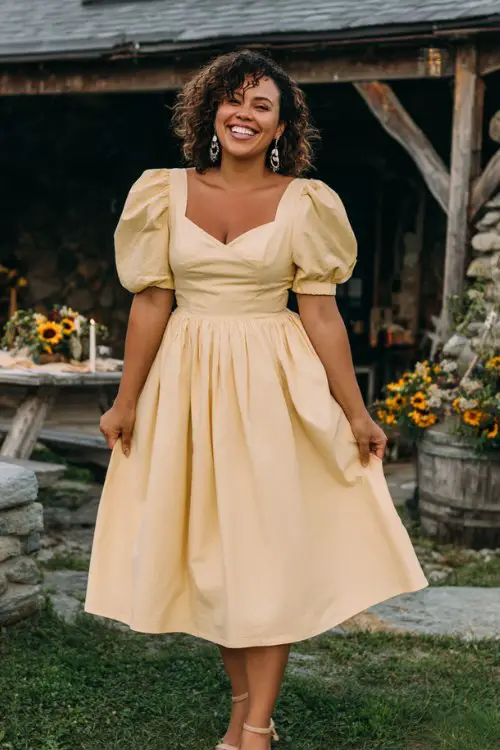 A curvy woman wears a butter yellow cotton poplin midi dress with puffed sleeves, a smocked bodice, and side pockets