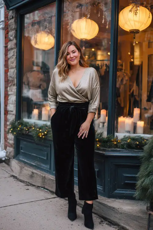 A curvy woman wears a champagne knit wrap top with black velvet trousers and heeled boots