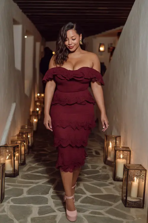 A curvy woman wears a deep wine-colored off-shoulder midi dress with tiered lace ruffles and blush platform heels