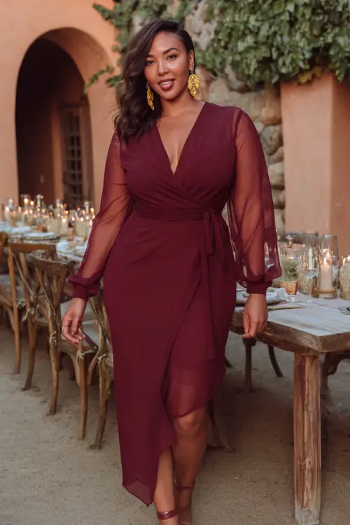 A curvy woman wears a deep wine-colored wrap dress with long sheer sleeves