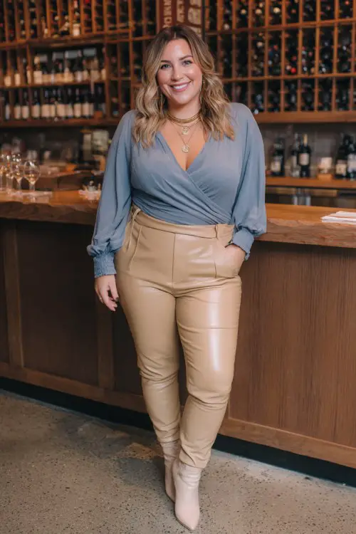 A curvy woman wears a dusty blue wrap blouse with tan leather pants and beige ankle boots