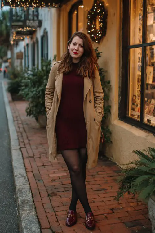 A curvy woman wears a maroon sweater dress with black tights, a tan trench coat, and burgundy loafers, window-shopping on a charming lit street