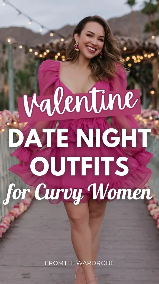 A curvy woman wears a winter date night outfit for Valentine's Day with a flirty ruffled magenta dress with sheer balloon sleeves, heart-shaped earrings, and kitten heels