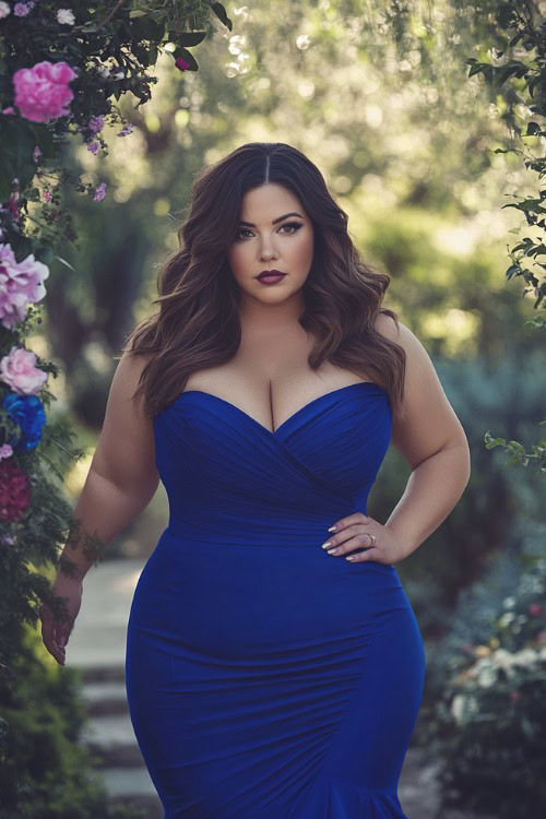 A fashionable plus-size woman in a cobalt blue sheath dress with a fitted bodice and subtle ruffles, standing near a spring garden wedding setup