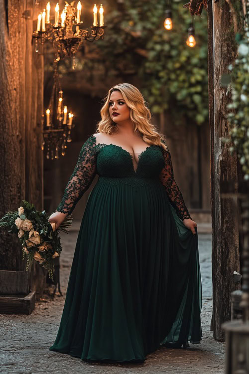 A fashionable plus-size woman in a deep emerald green empire-waist maxi dress with long lace sleeves, a sweetheart neckline, and a flowing hemline