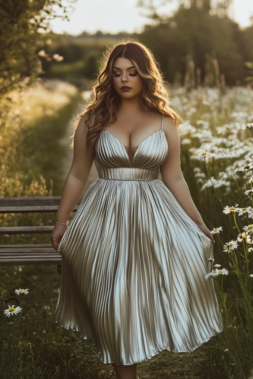 A fashionable plus-size woman in a metallic silver tea-length midi dress with a pleated bodice, a flared hemline, and spaghetti straps