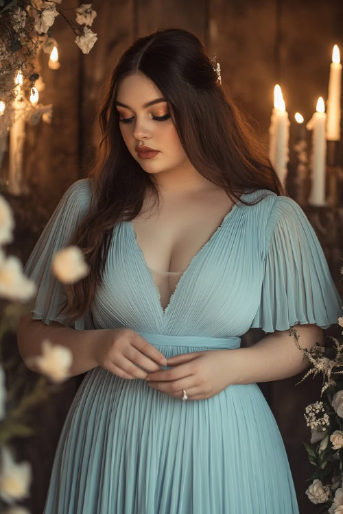 A fashionable plus-size woman in a pastel blue A-line maxi dress with flutter sleeves, a pleated skirt, and a cinched waist, standing near a rustic floral wedding setup decorated with candles