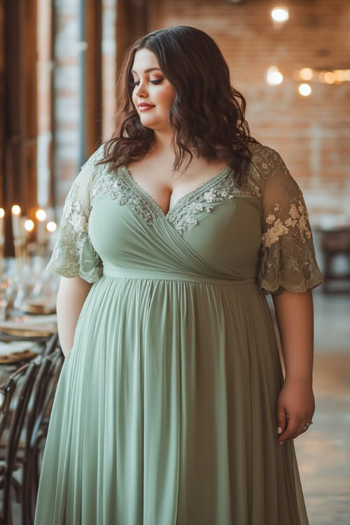 A fashionable plus-size woman in a sage green tea-length wrap dress with short flutter sleeves, floral embroidery, and a layered hemline