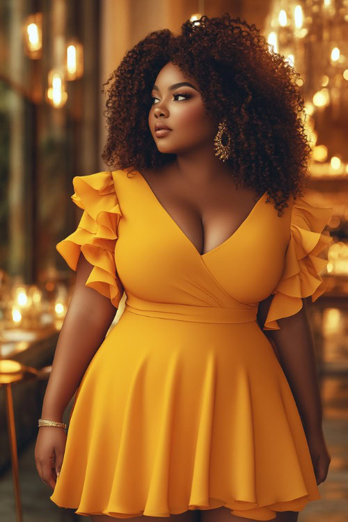 A fashionable plus-size woman in a sunflower yellow short wrap dress with flutter sleeves, ruffle accents, and a fitted waist, posing near a candlelit wedding reception