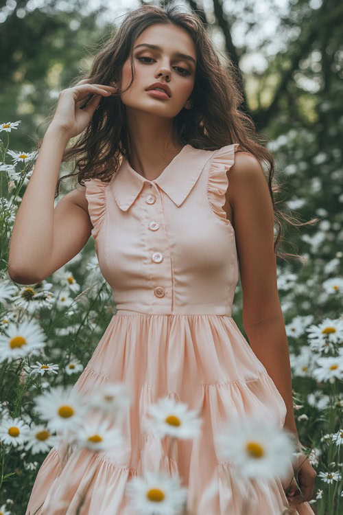 A fashionable woman in a blush pink sleeveless collared dress with a button-down front and a tiered hem, standing near a garden wedding reception surrounded by daisies