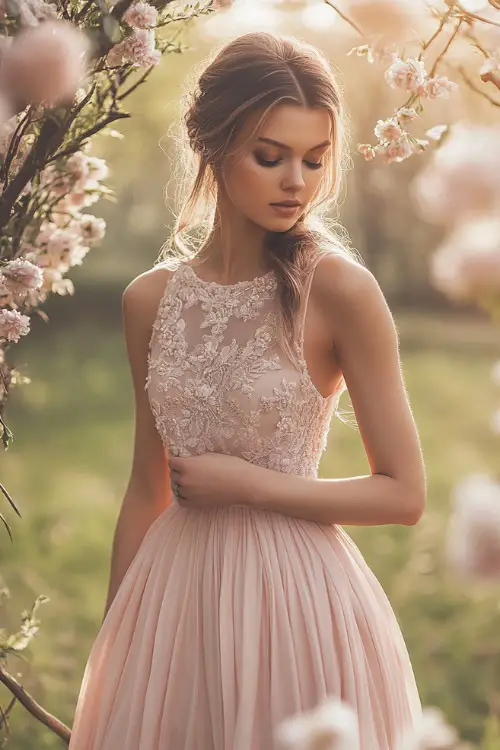 A fashionable woman in a blush pink sleeveless short dress with subtle pleats, floral lace accents, and a gathered waist