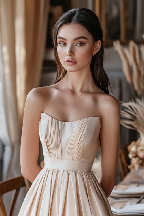 A fashionable woman in a champagne-colored midi dress with pleats and a square neckline, standing near a rustic wooden wedding table with elegant decor