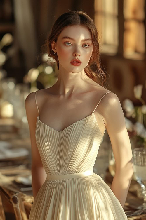 A fashionable woman in a champagne-colored midi dress with pleats and a square neckline