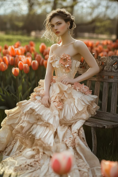 A fashionable woman in a champagne-colored tea-length dress with floral appliqué details and a layered hem, standing near a rustic floral wedding bench surrounded by tulips