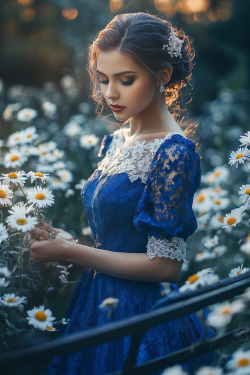 A fashionable woman in a cobalt blue short A-line dress with puff sleeves and a lace bodice, standing near a brightly lit garden wedding bench surrounded by daisies