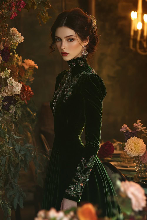 A fashionable woman in a deep emerald green velvet gown with bell sleeves, a high neckline, and floral embroidery, standing near a softly glowing floral wedding centerpiece